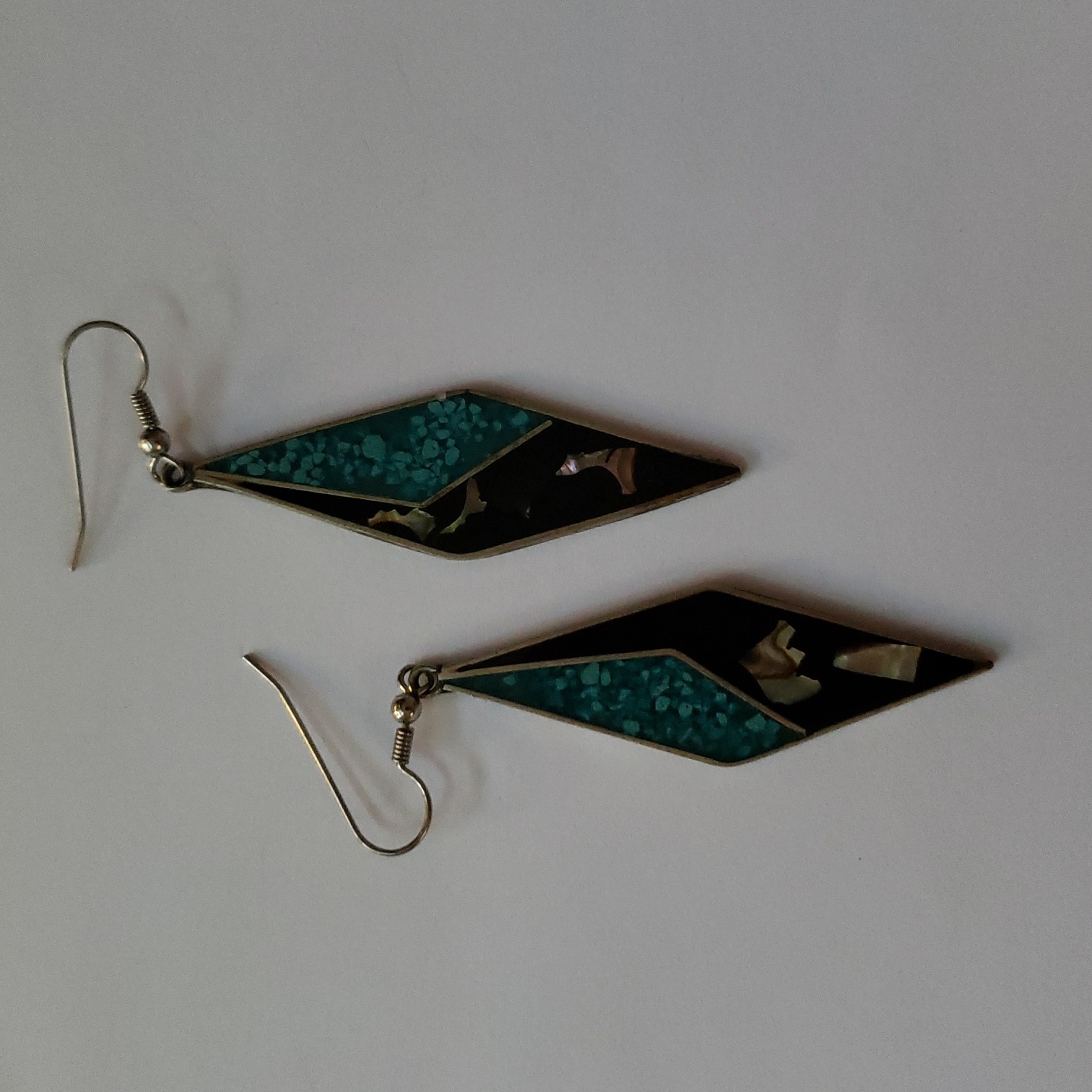 Signed Alpaca Mexico Stone Abalone Inlay Drop Earrings Turquoise Black 36$